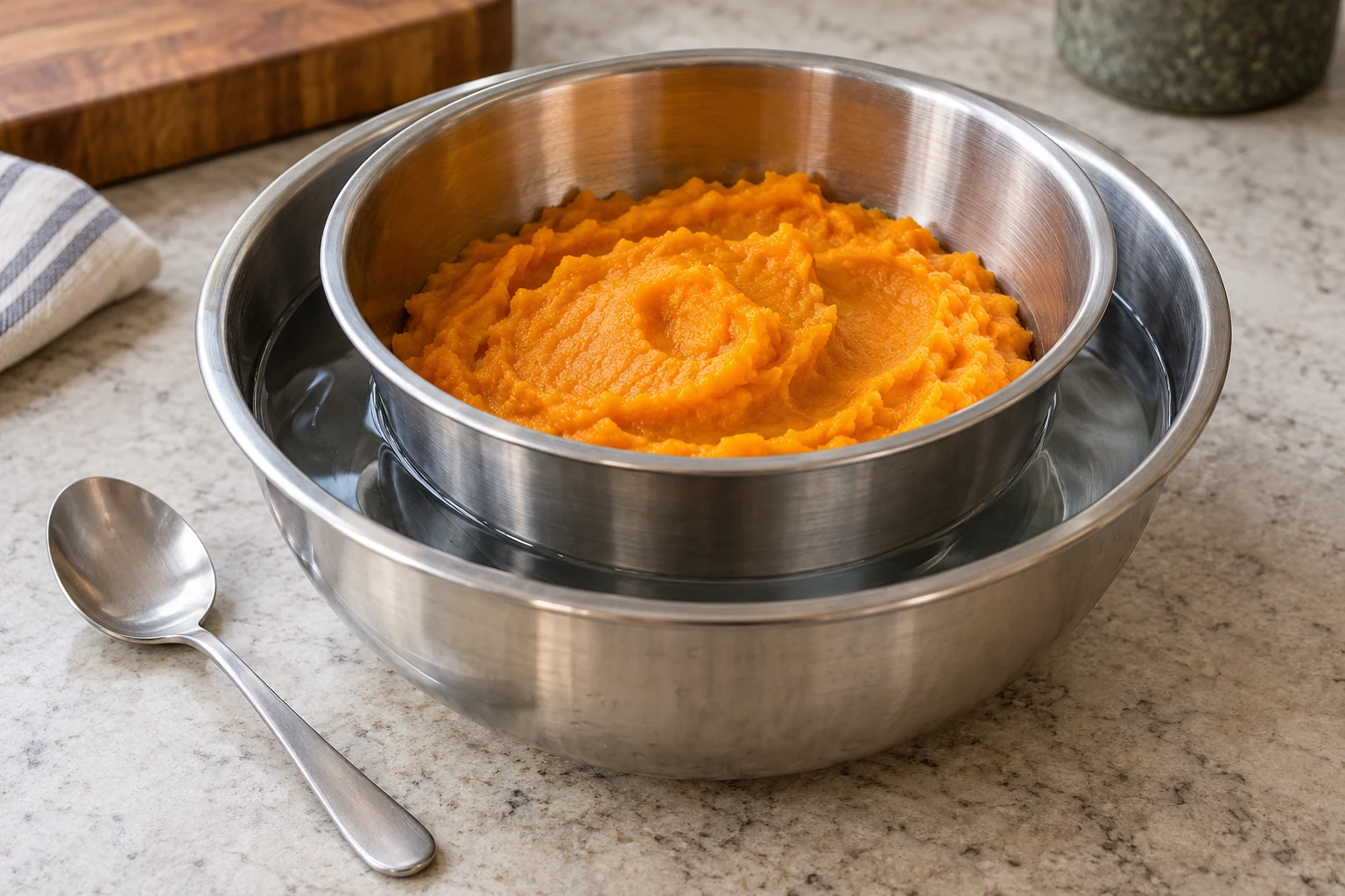 Bowl of mashed cooked pumpkin nested securely in a larger cold-water bowl on a stable counter