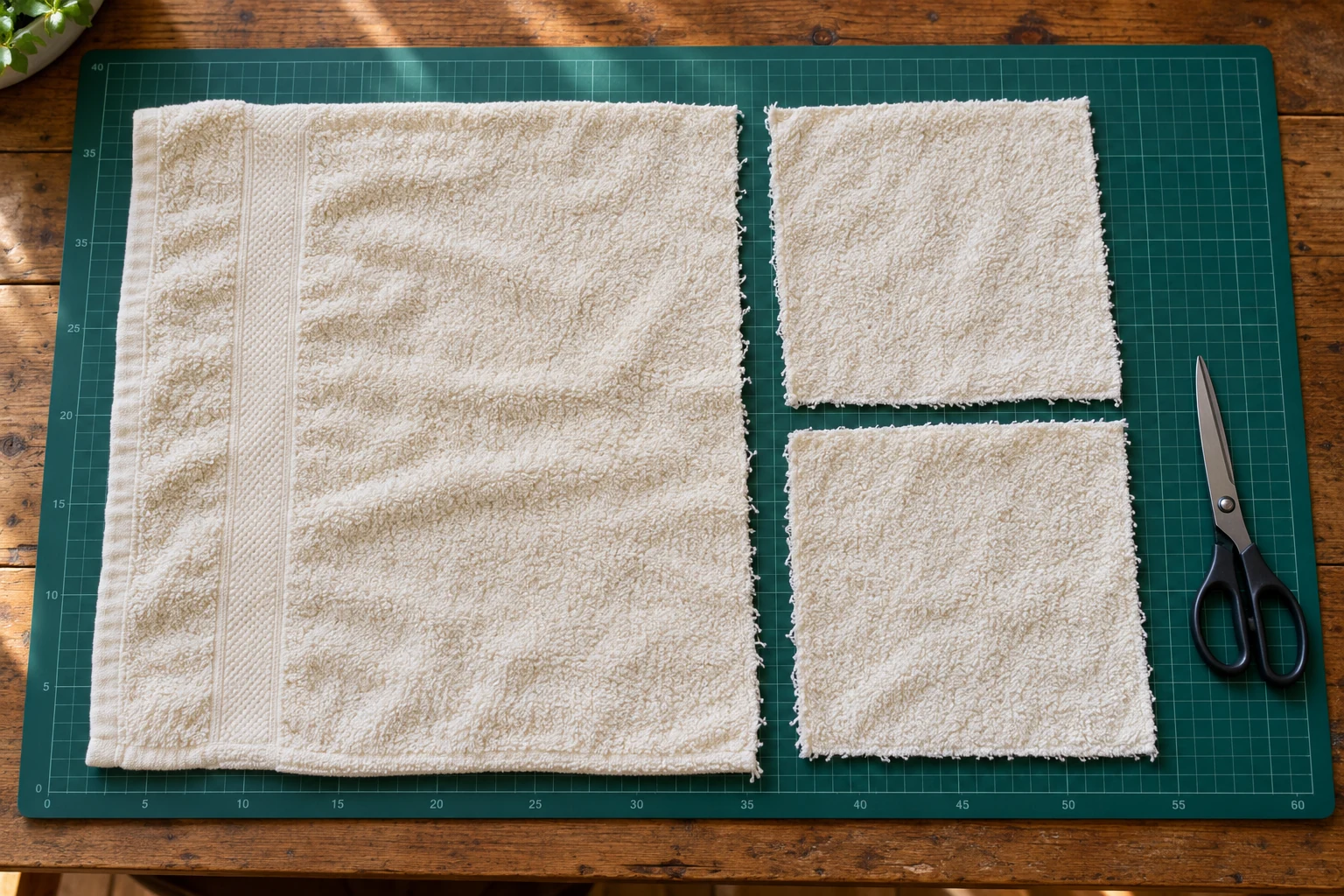 Old cotton towel partly cut into a few rectangular cleaning cloths on a supported cutting mat with scissors resting beside it