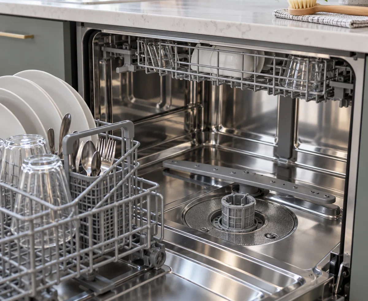 Open dishwasher with lower rack pulled out and a removable filter visible at the tub bottom