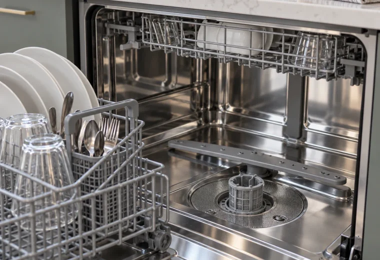 Open dishwasher with lower rack pulled out and a removable filter visible at the tub bottom