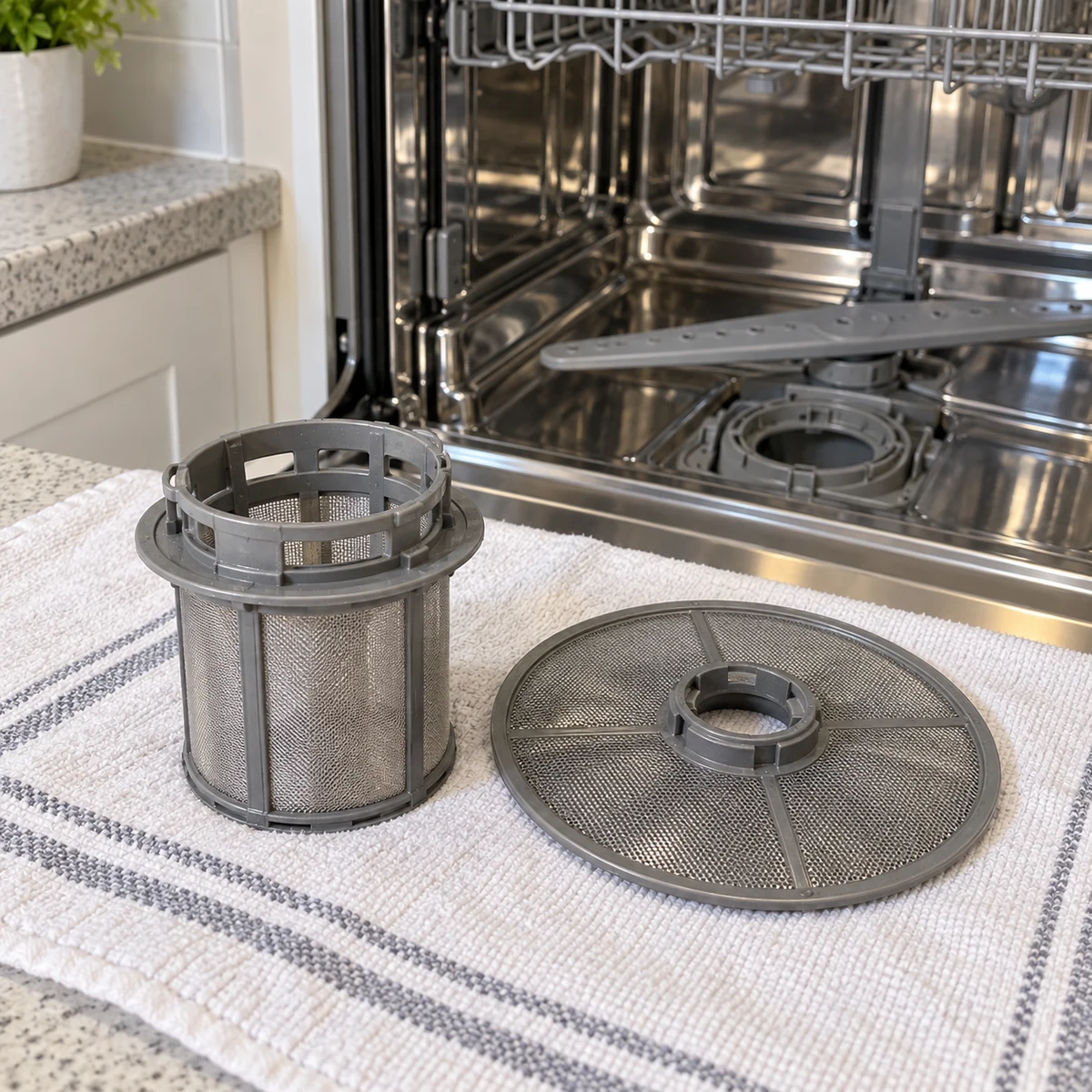 Removable dishwasher filter pieces placed neatly beside an open dishwasher