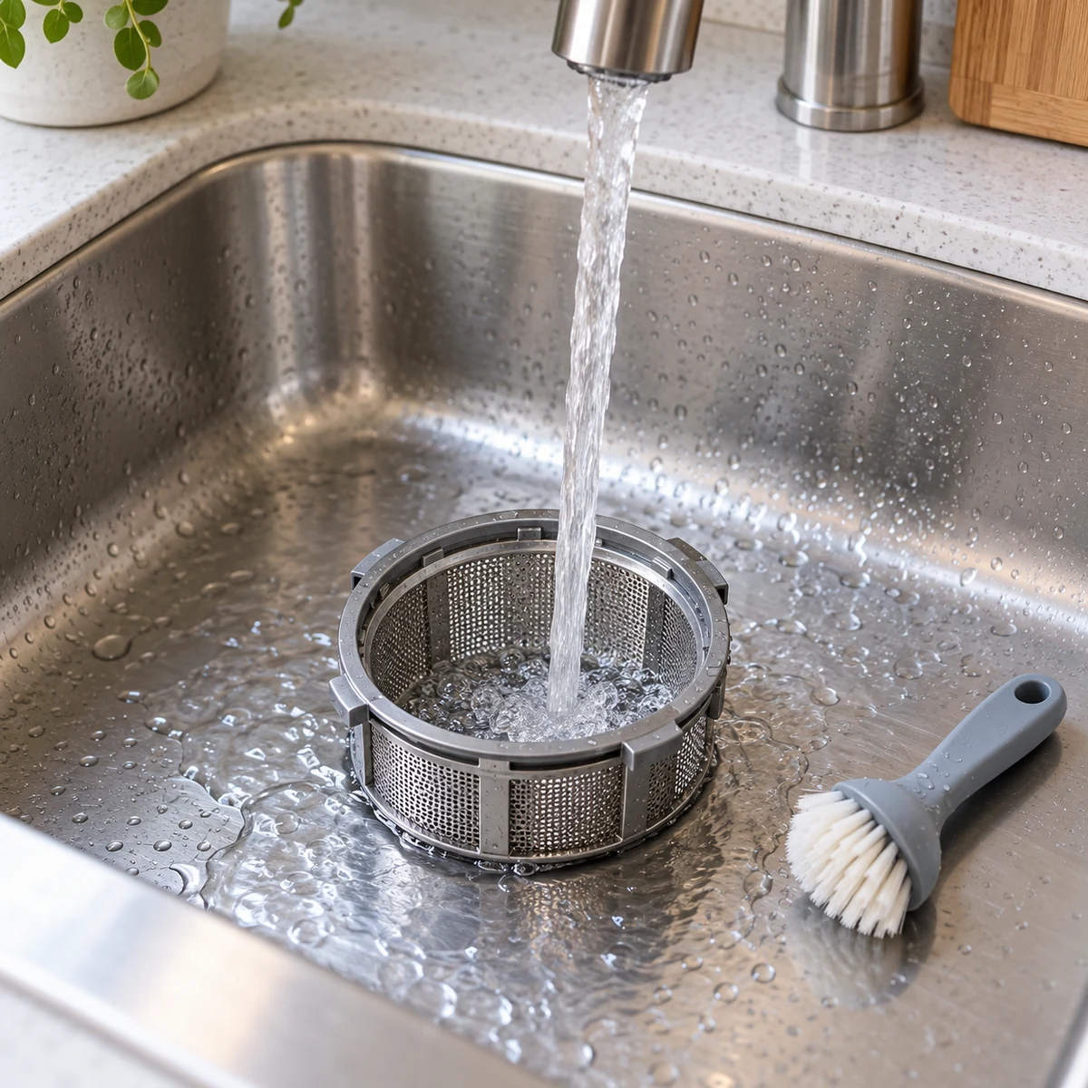 Removable dishwasher filter being rinsed under running water with a soft brush nearby