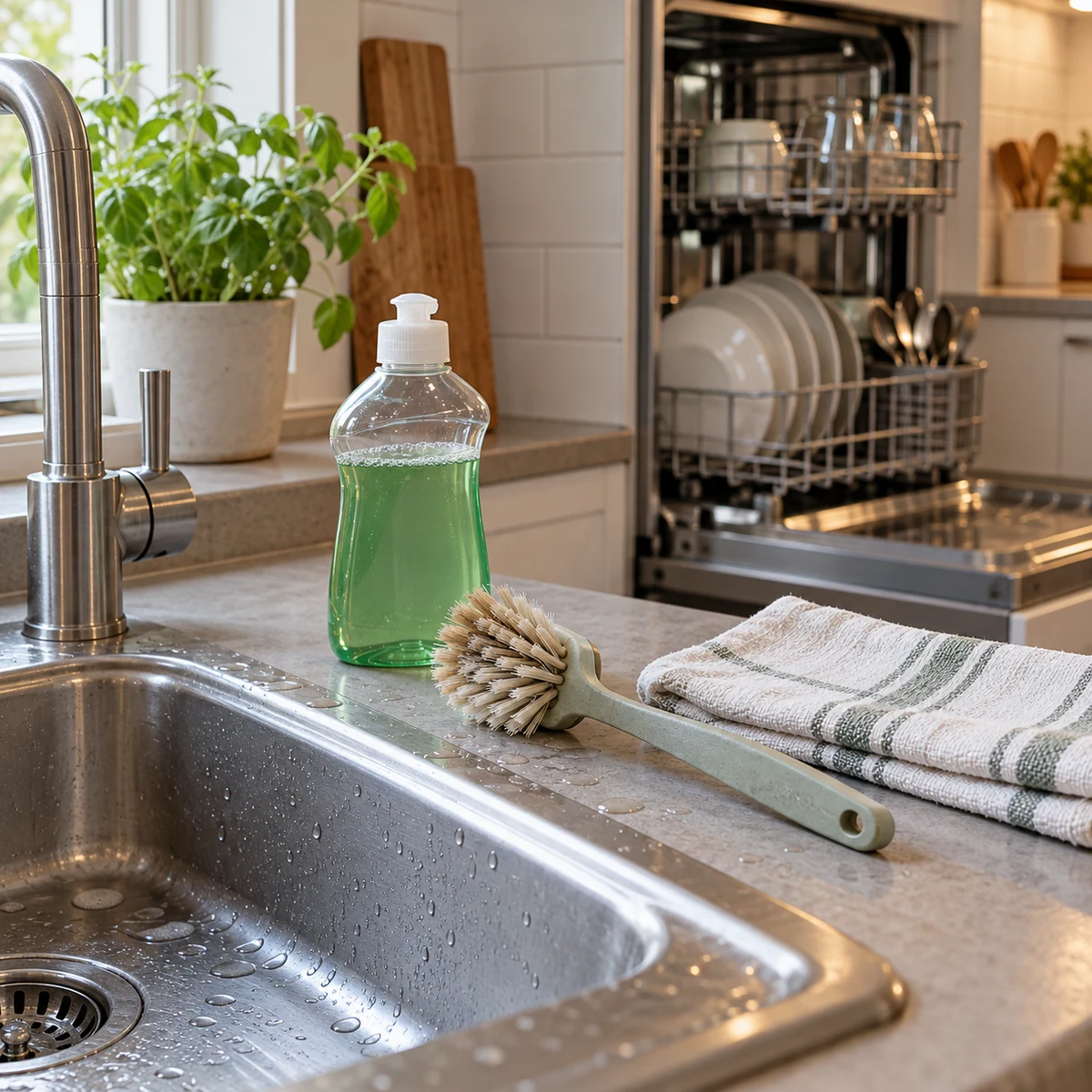 Soft brush and mild dish soap set beside a kitchen sink for cleaning a dishwasher filter