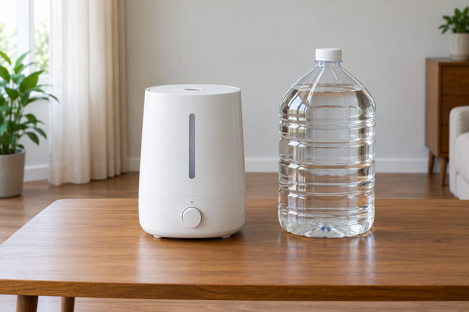 Clean portable humidifier and an unbranded sealed water bottle on a dry stable table