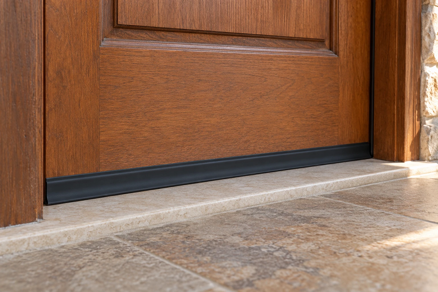 Continuous black door sweep attached to a wooden exterior door and meeting a solid stone threshold