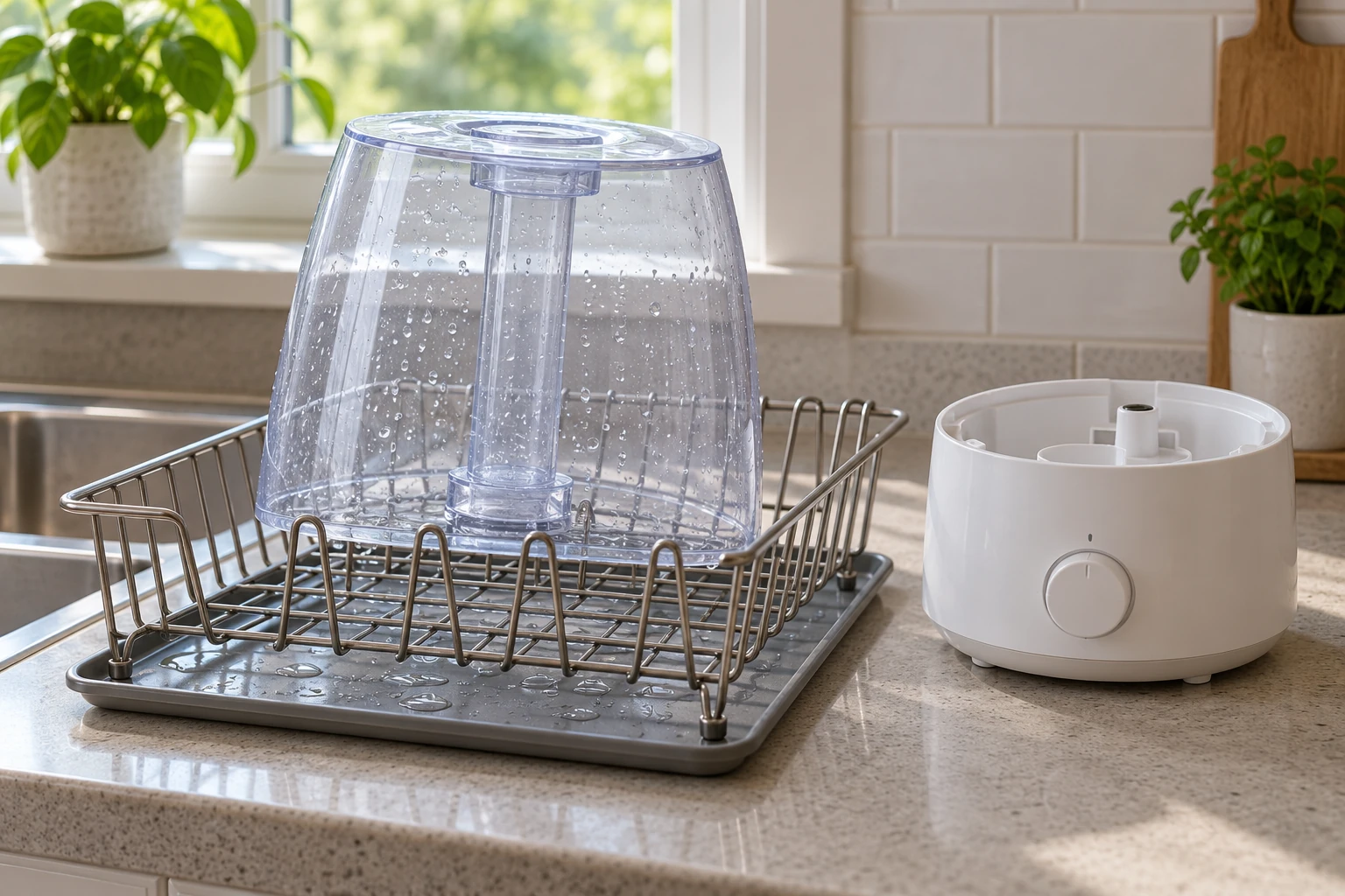 Clean humidifier tank supported upside down on a rack while the electrical base stays separate and dry