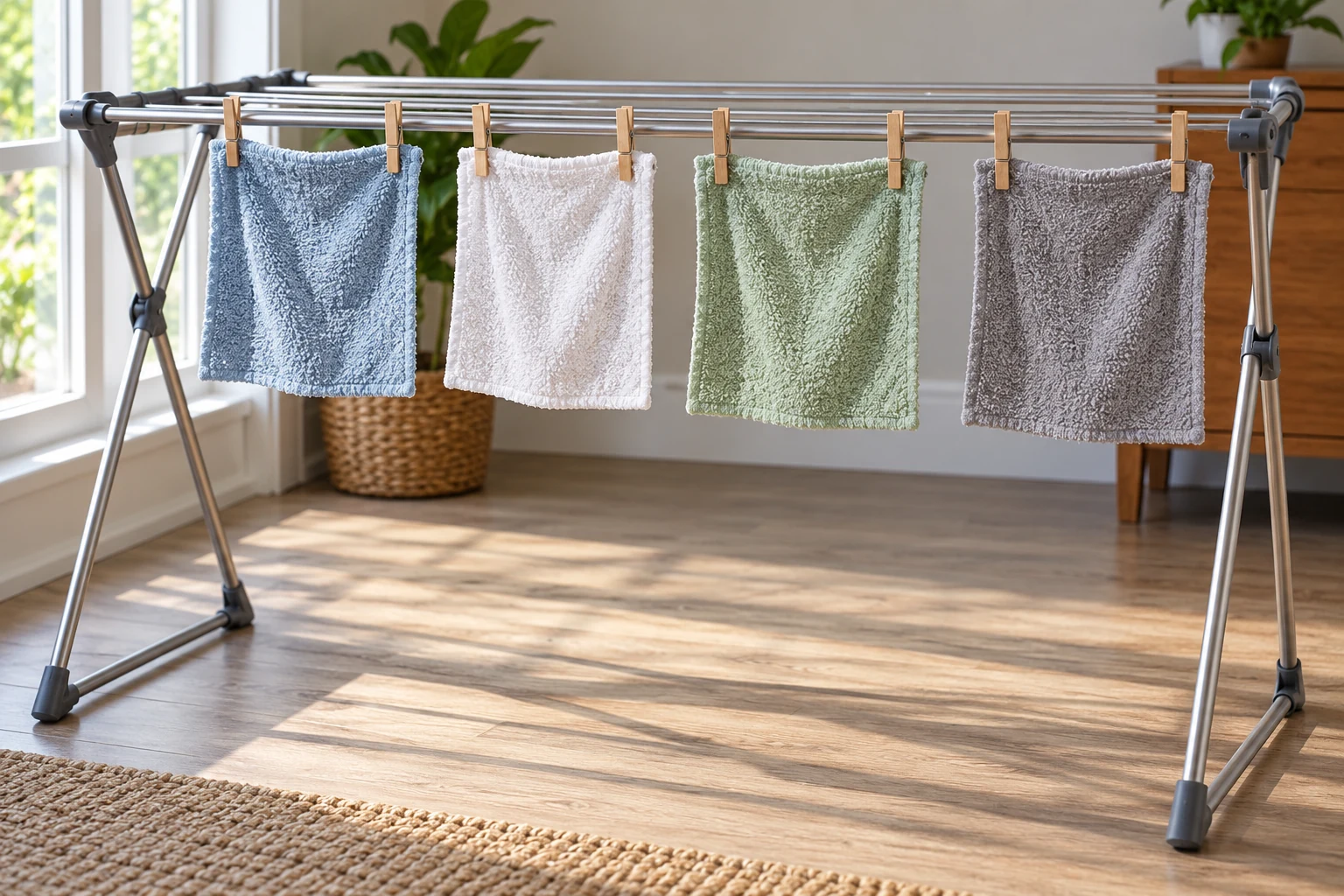 Several freshly washed cotton cleaning cloths clipped separately to a freestanding indoor drying rack
