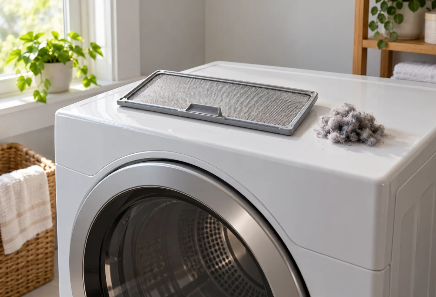 Removable dryer lint screen and a small pile of lint resting on top of a closed front-loading dryer