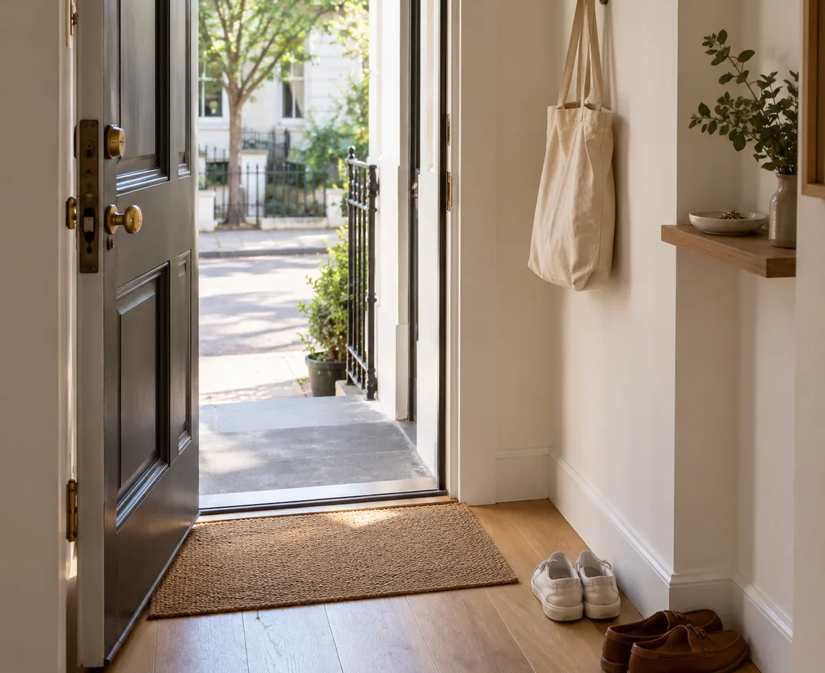Small organized apartment entryway with a clear front-door path