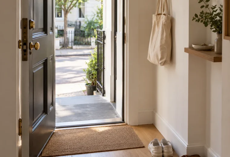 Small organized apartment entryway with a clear front-door path
