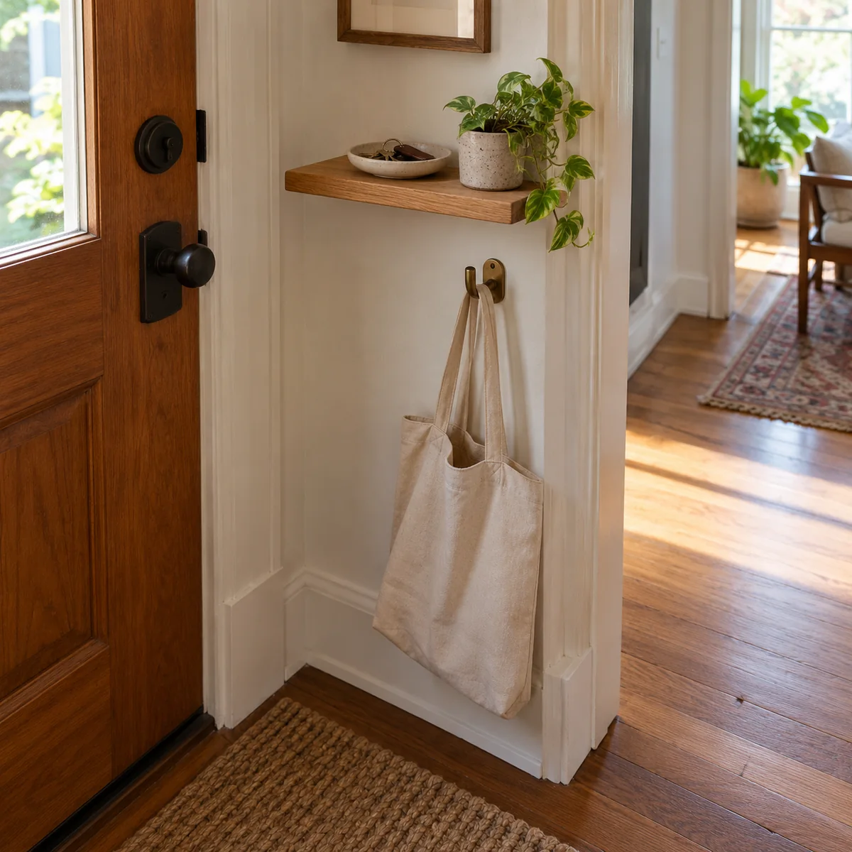 Keys in a small dish on an existing shelf with a light tote hanging nearby