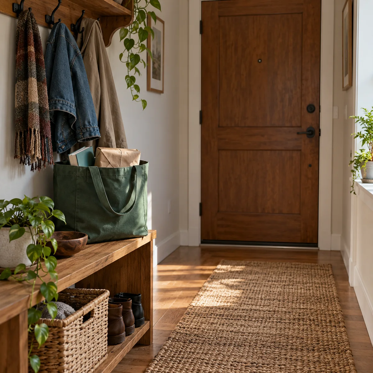 Small outgoing tote on an existing entryway bench away from the clear front-door path