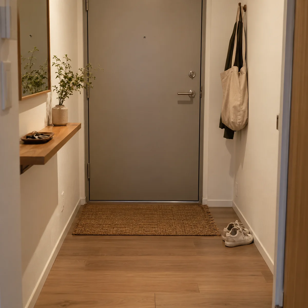 Narrow entryway after a daily reset with a clear floor, one pair of shoes, keys, and a bag