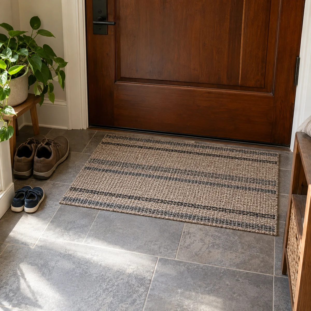 Everyday shoes parked beside a flat doormat without blocking the front door