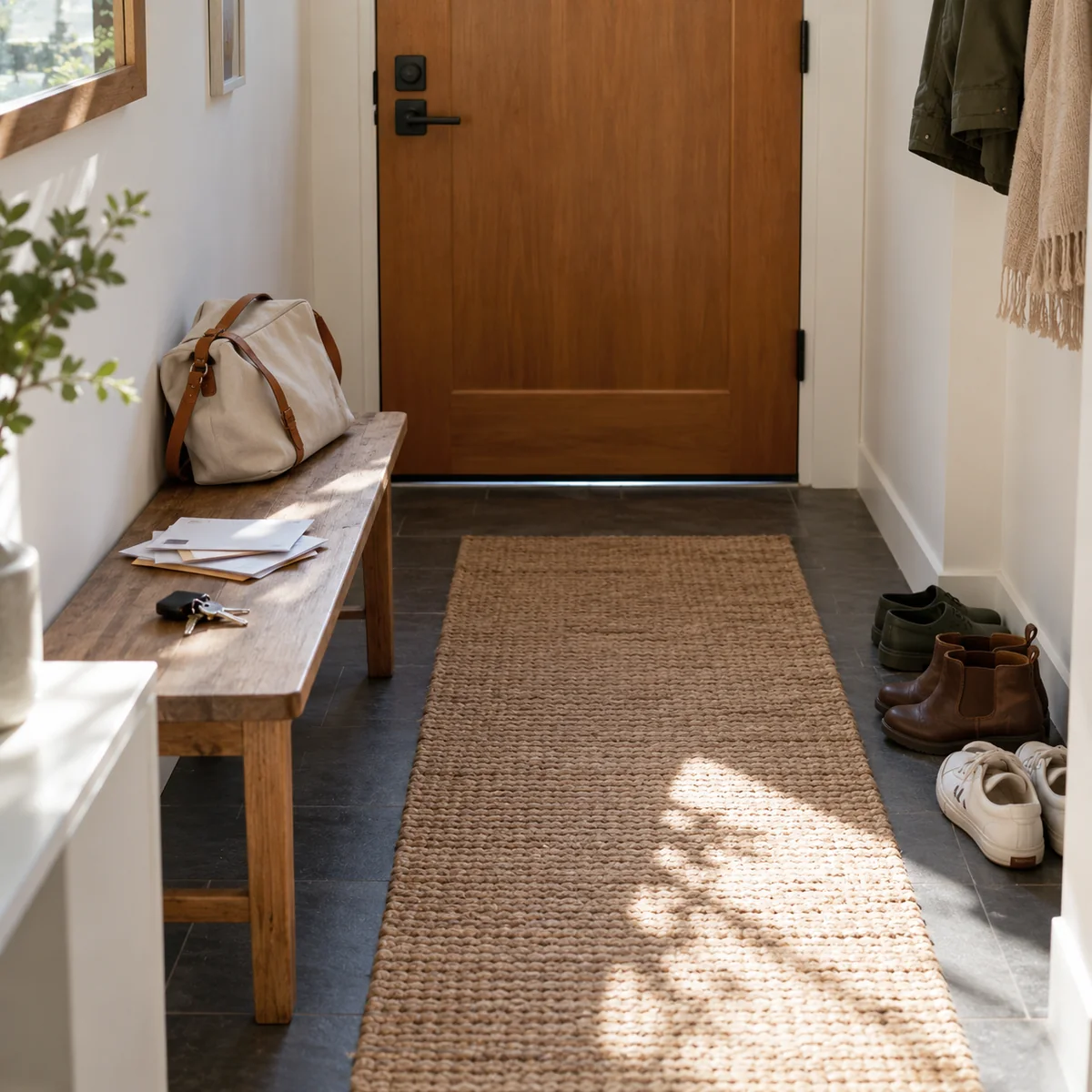 Small entryway with a clear walking path and everyday items gathered for sorting