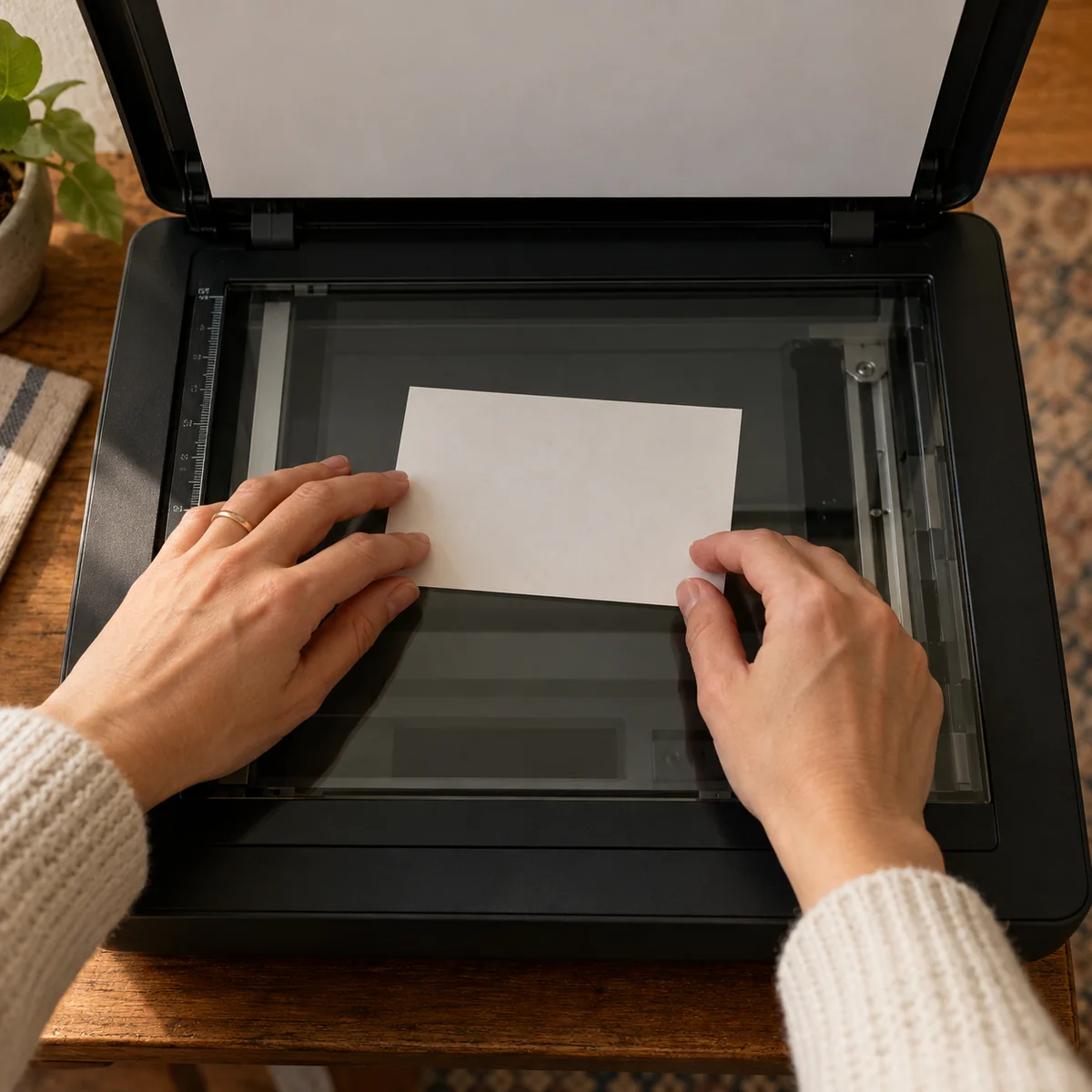 A printed family photograph being placed carefully on a flatbed scanner