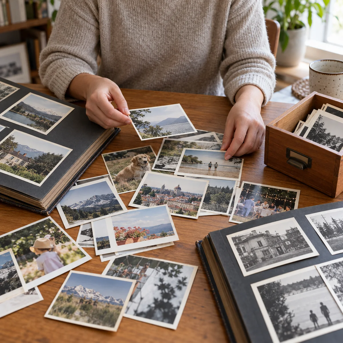 Printed family photographs gathered from an album and drawer onto a clean table