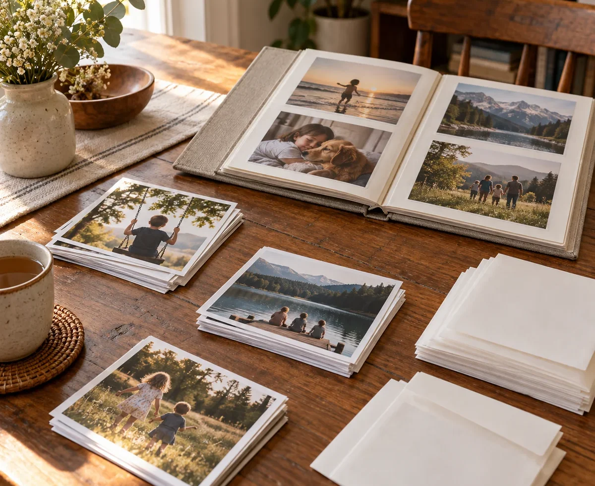 Printed family photographs, album, and photo-safe envelopes on a table