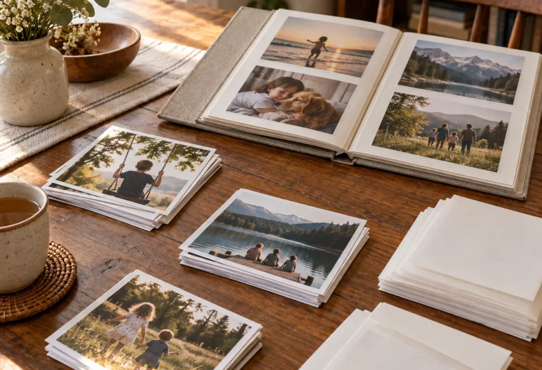 Printed family photographs, album, and photo-safe envelopes on a table