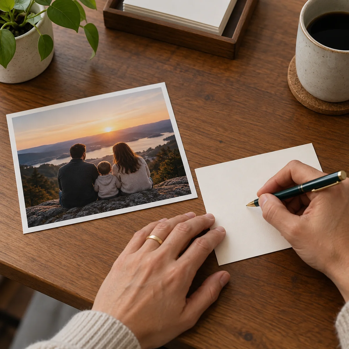 A note being written on a separate card beside a printed family photograph