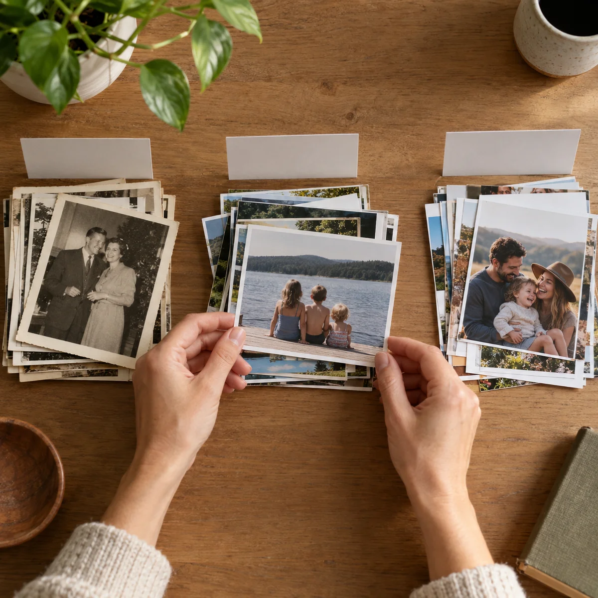 Small groups of family photographs separated by plain divider cards