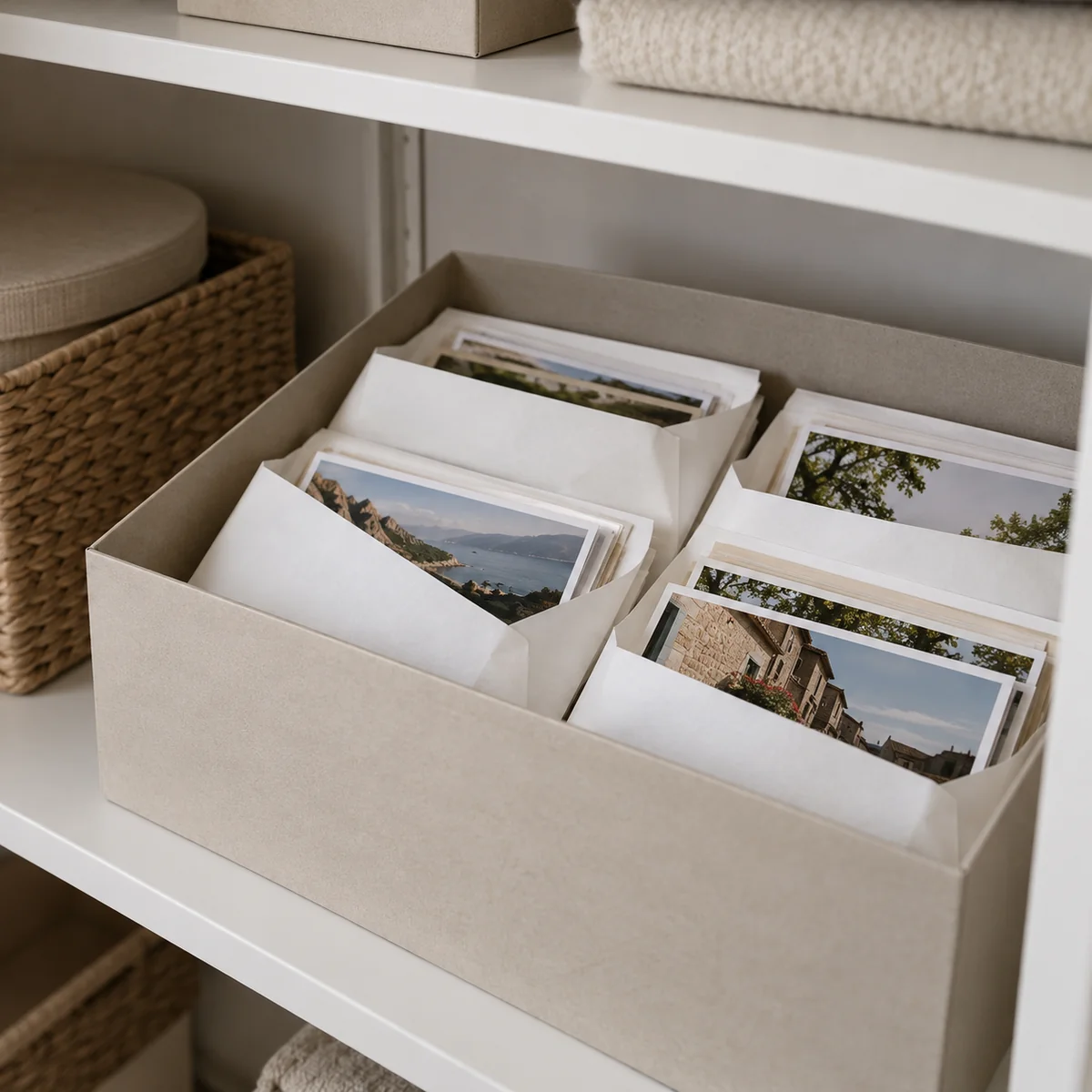 Photo-safe envelopes stored flat in an archival box on an interior shelf
