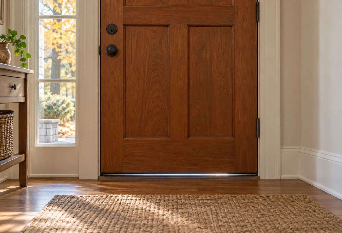 Closed wooden exterior door with a narrow line of daylight visible under its bottom edge
