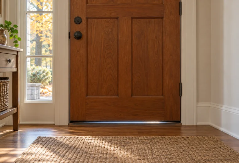 Closed wooden exterior door with a narrow line of daylight visible under its bottom edge