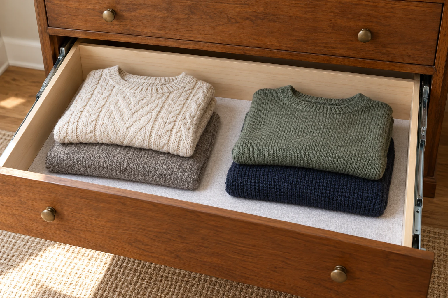 Loosely folded sweaters resting on a cloth-lined dresser drawer supported by its rails