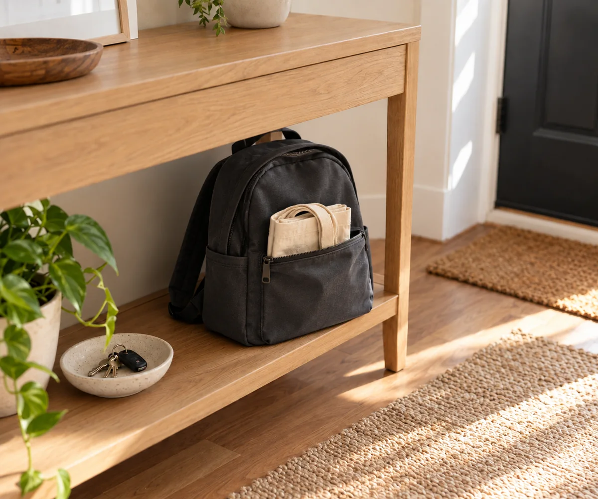Folded cotton shopping bag tucked into an everyday backpack pocket