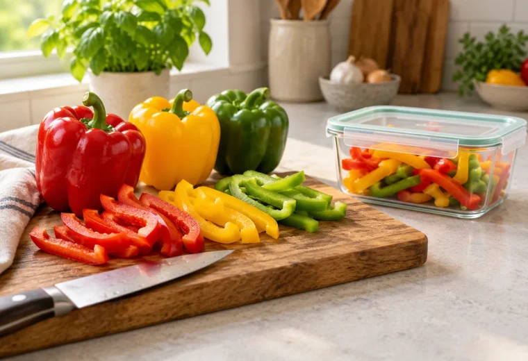 Fresh colorful bell peppers and sliced peppers beside a reusable container