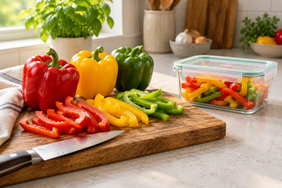 Fresh colorful bell peppers and sliced peppers beside a reusable container