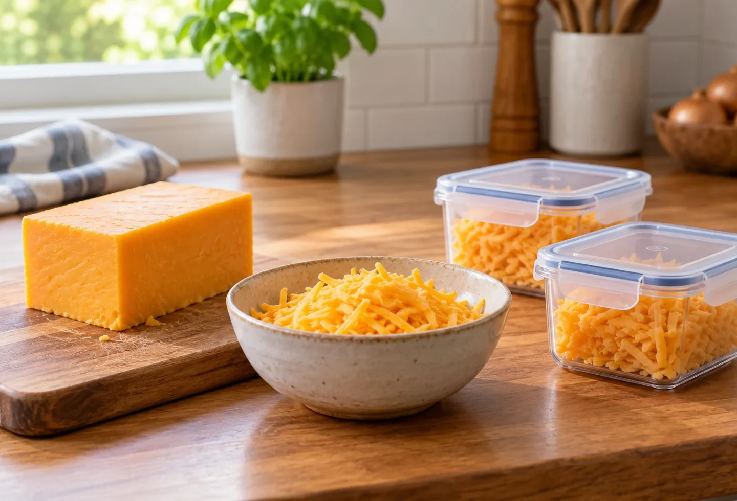 Firm cheddar block, grated cheese in a bowl, and closed portion containers on a sturdy kitchen counter