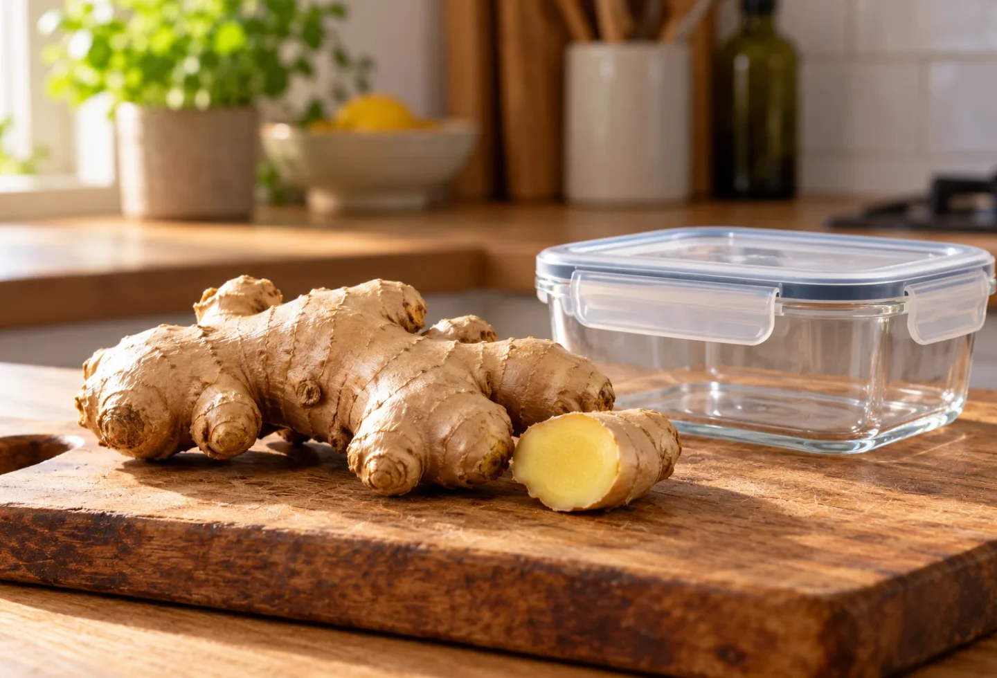 Fresh ginger pieces and a closed reusable freezer-safe container resting on a wooden cutting board