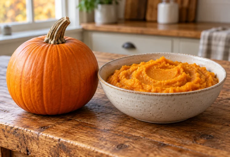 Whole orange pie pumpkin beside a bowl of cooked pumpkin purée on a sturdy table