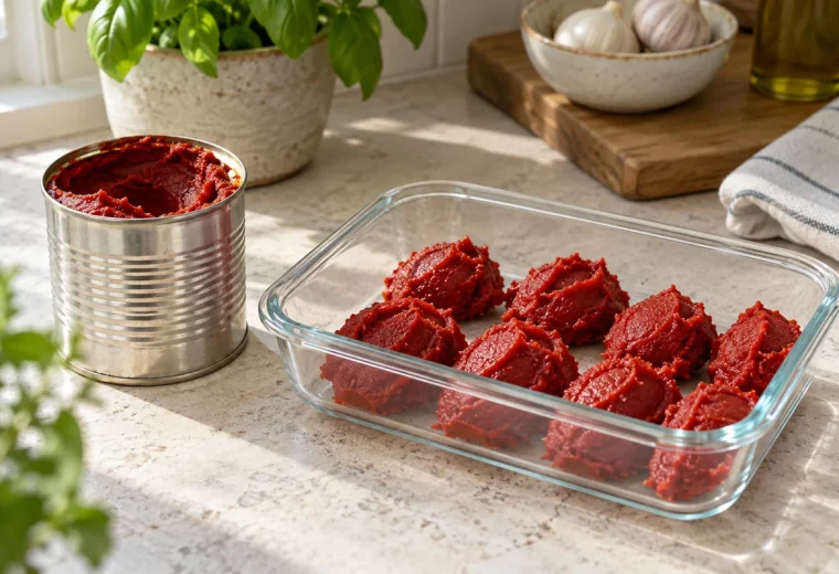 Opened tomato paste beside reusable container of measured portions