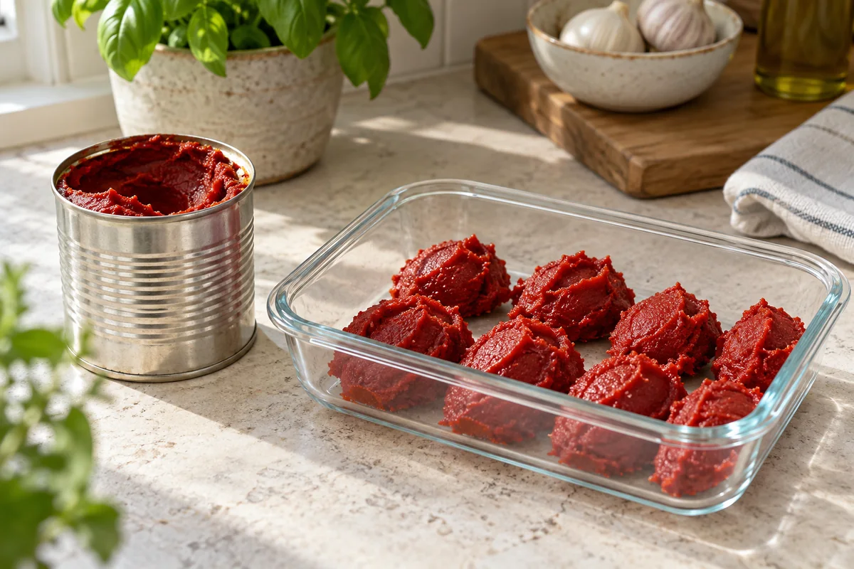 Opened tomato paste beside reusable container of measured portions