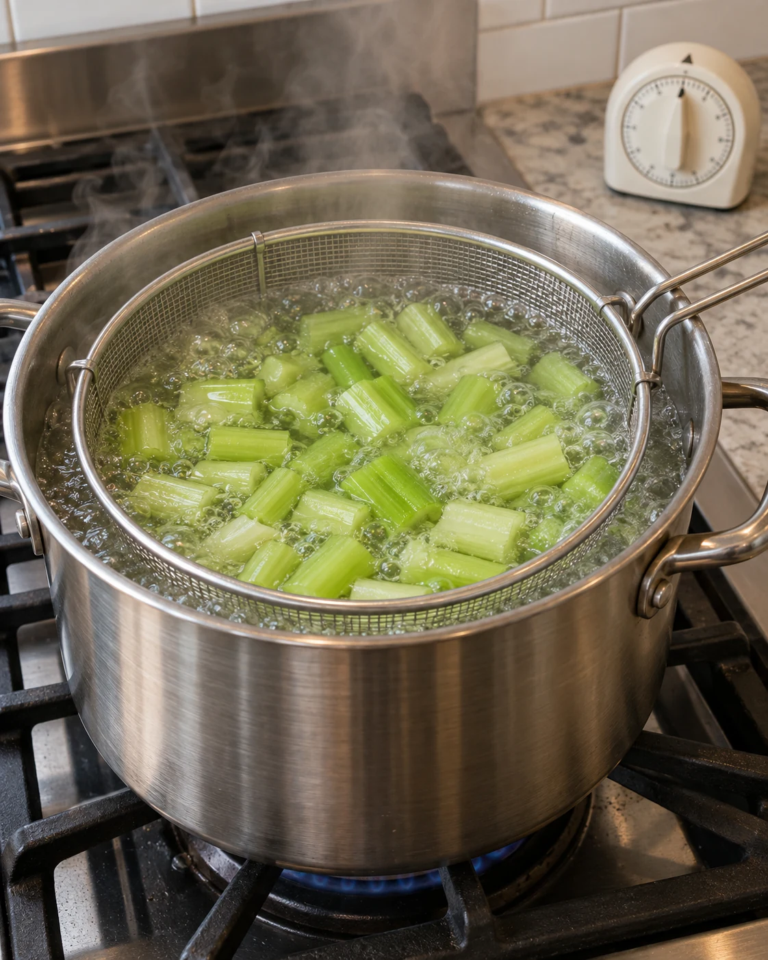 Celery pieces in a mesh basket blanching in boiling water in a pot on a stove