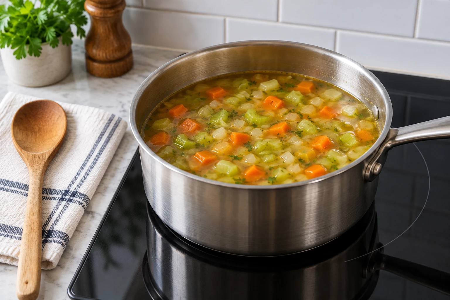 Cooked vegetable soup with softened celery, carrot and onion in a stainless saucepan resting on a glass cooktop