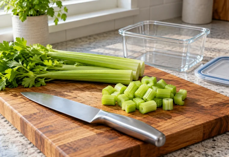 Fresh celery stalks and one-inch cut pieces on a wooden cutting board beside an empty freezer-safe container