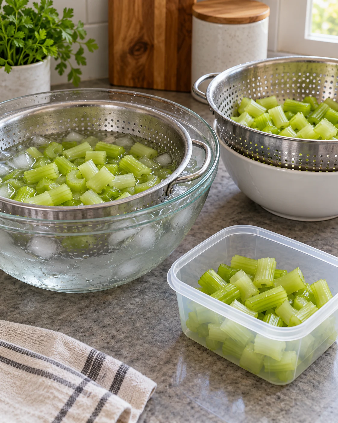 Blanched celery cooling in ice water beside drained pieces and an open freezer container