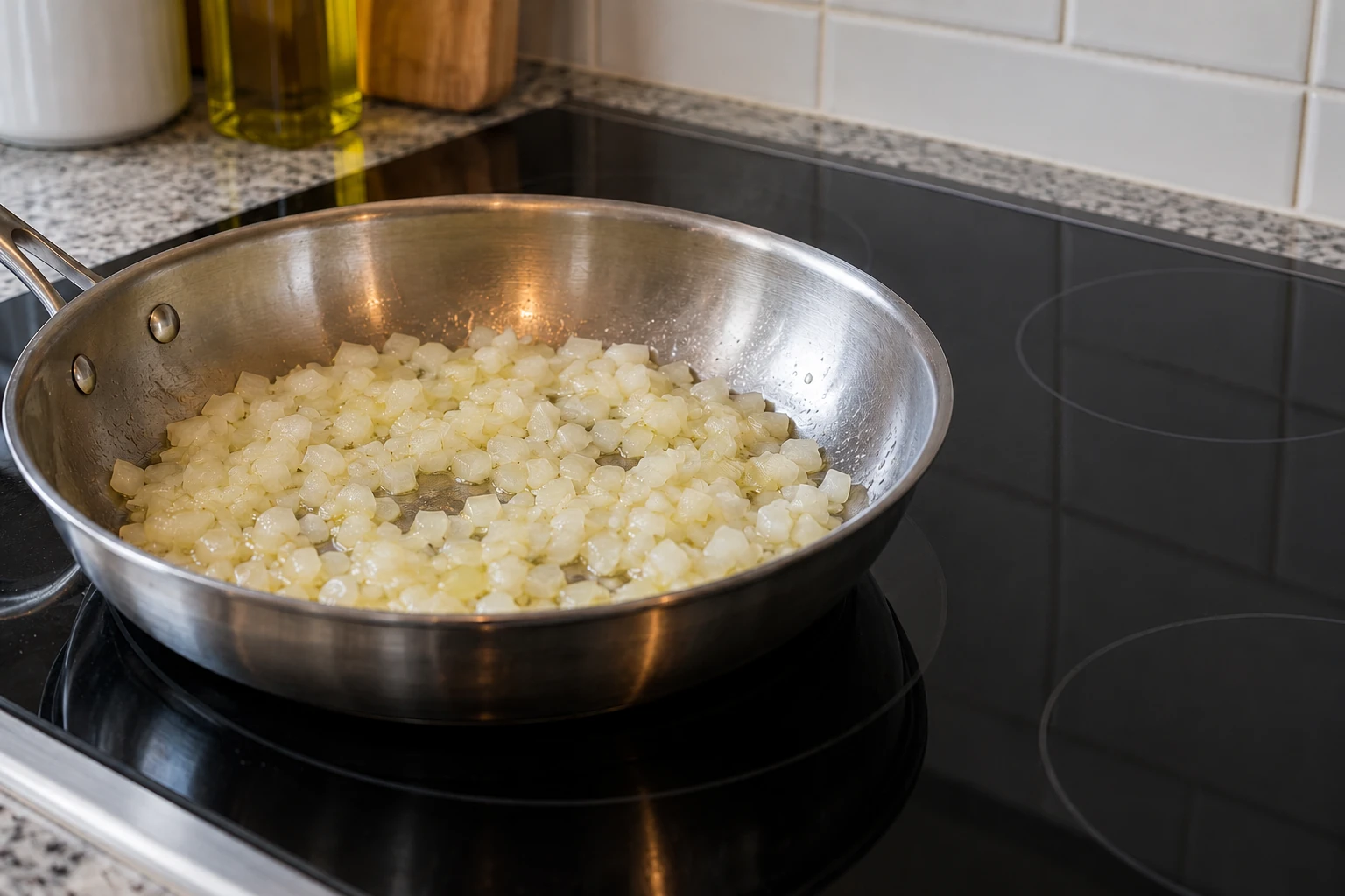Diced onions gently softening in a stainless-steel skillet supported on a glass cooktop