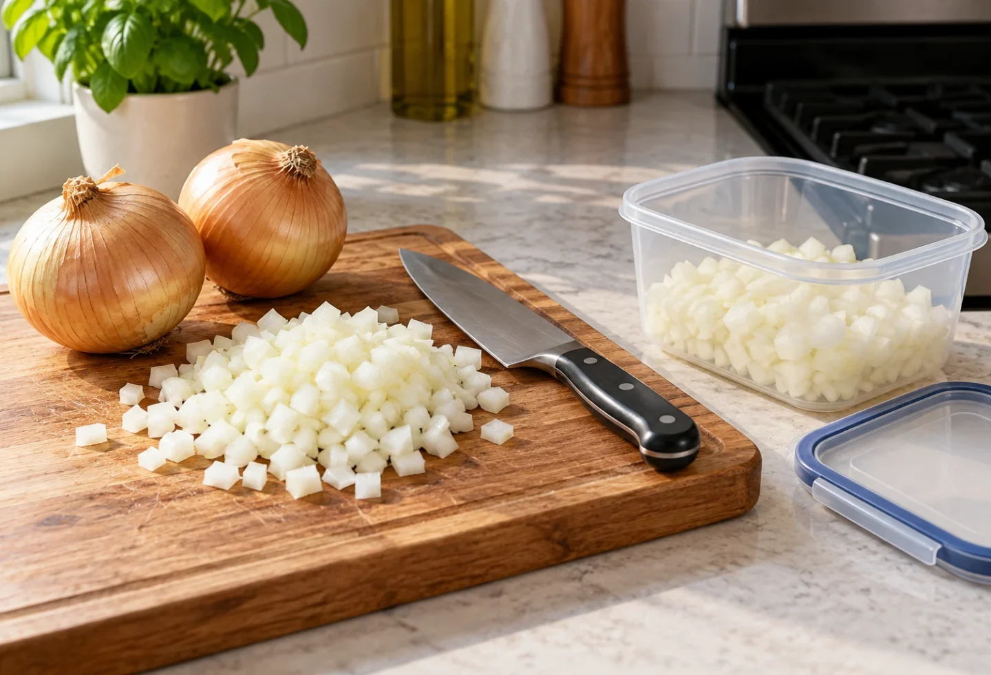 Raw diced yellow onion on a supported wooden cutting board beside whole onions and an open freezer-safe container