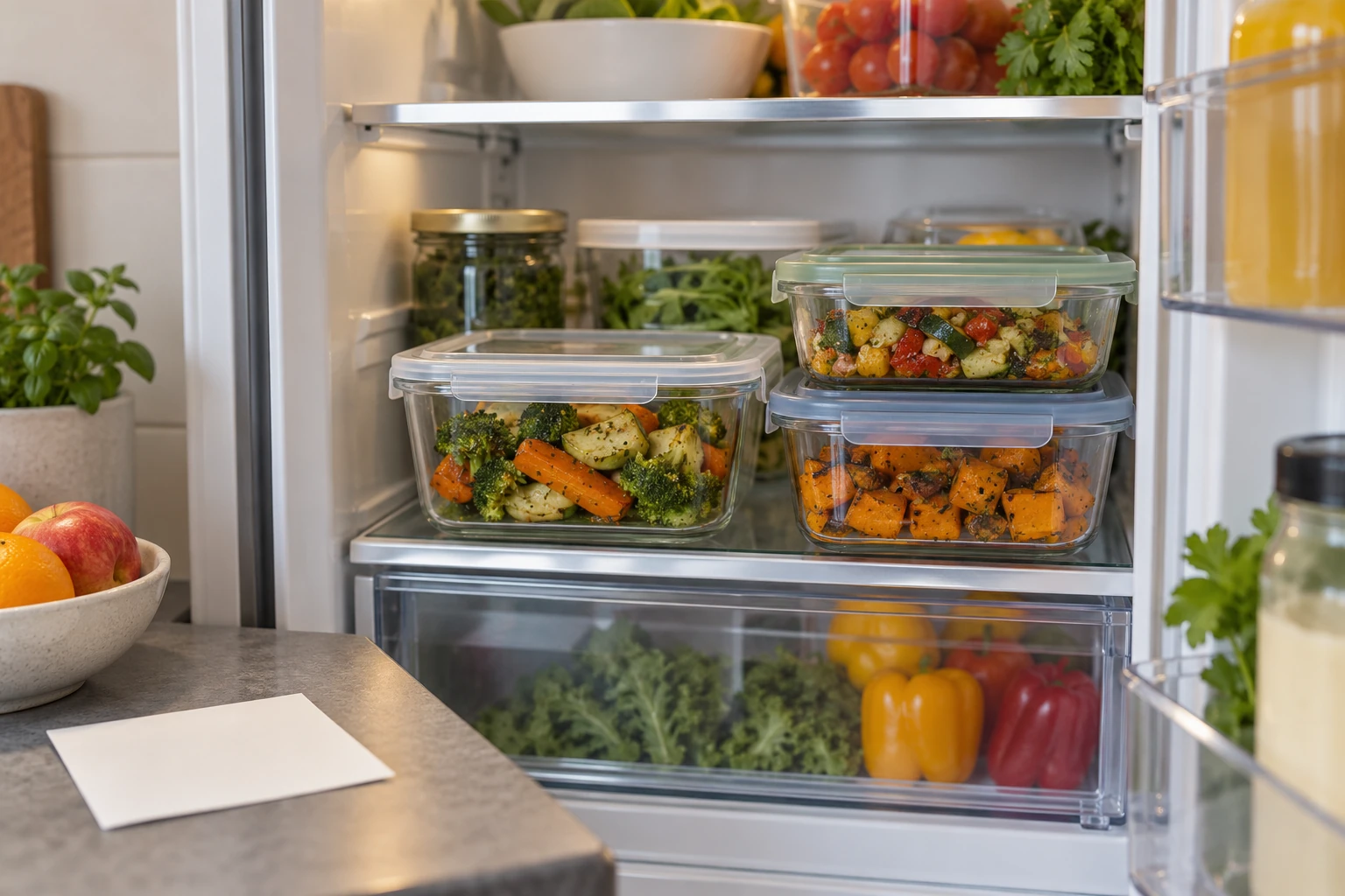 Covered shallow containers of cooked vegetables visible at the front of a refrigerator shelf
