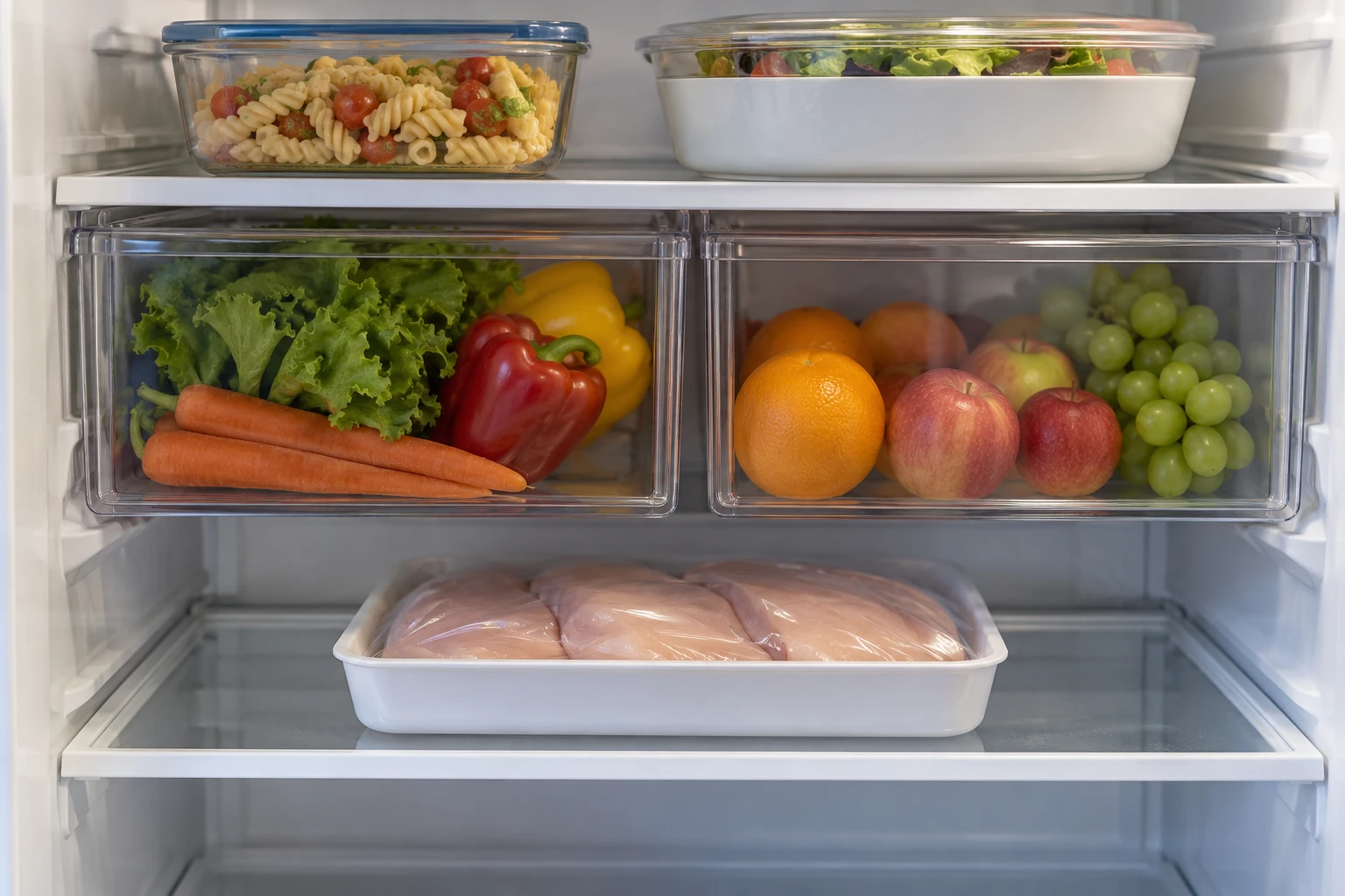 Sealed raw chicken package resting in a shallow tray on a refrigerator shelf below covered food