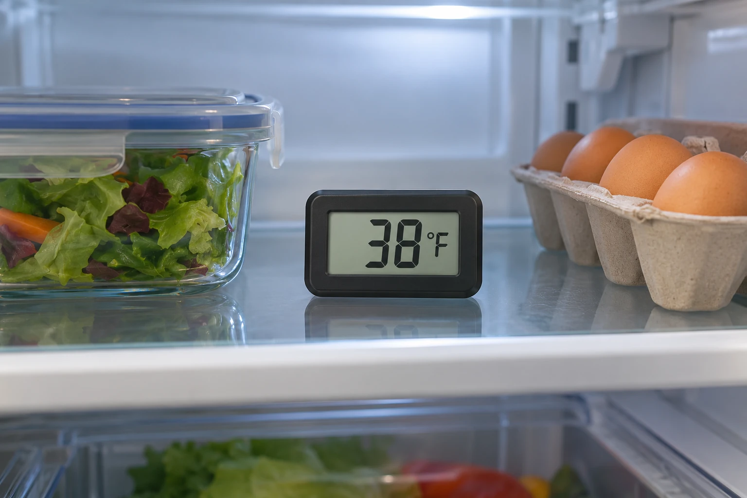 Digital refrigerator thermometer reading 38 degrees Fahrenheit on a shelf beside covered food and eggs