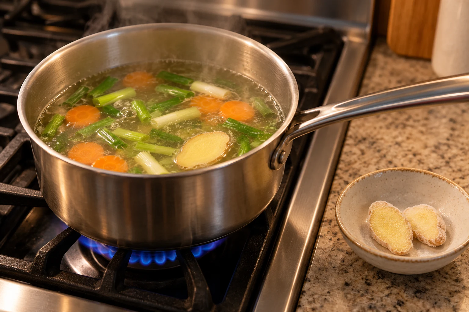 A ginger slice simmering in a saucepan of vegetable broth with two frosty ginger slices in a bowl beside the stove