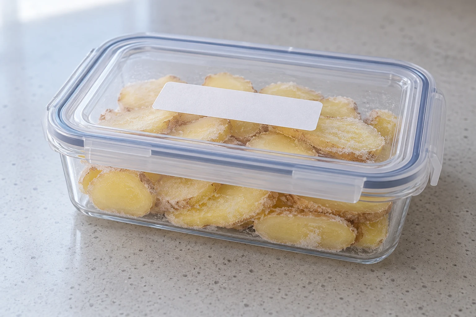 Separate frozen ginger slices inside a closed transparent freezer-safe container resting on a kitchen counter