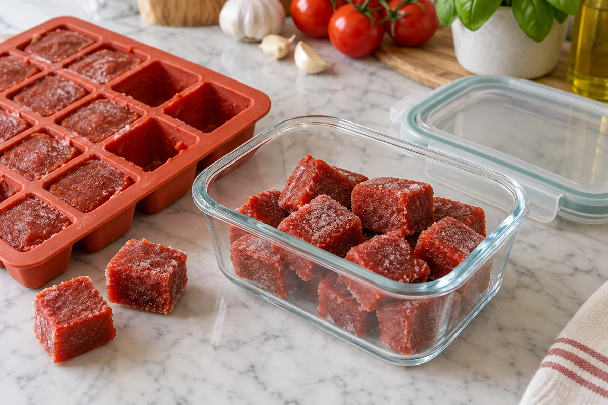 Frozen tomato paste portions in a reusable lidded freezer-safe container