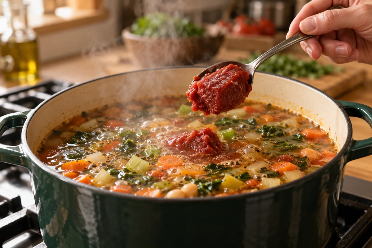 Frozen tomato paste portion being added to a simmering vegetable soup